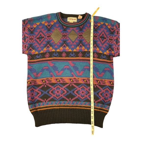 Vintage Campus Men's Diamond Geometric Leather Trim Sweater Size L Retro - Picture 5 of 13